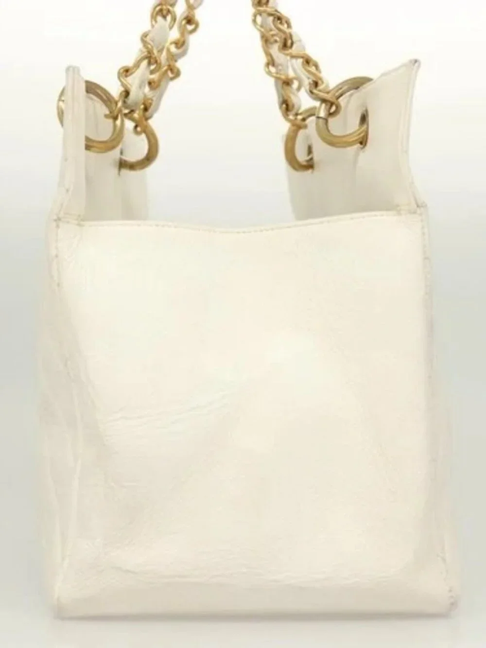 CHANEL Matelasse Chain Hand Bag Grained Calf Skin White Gold CC Auth bs26565